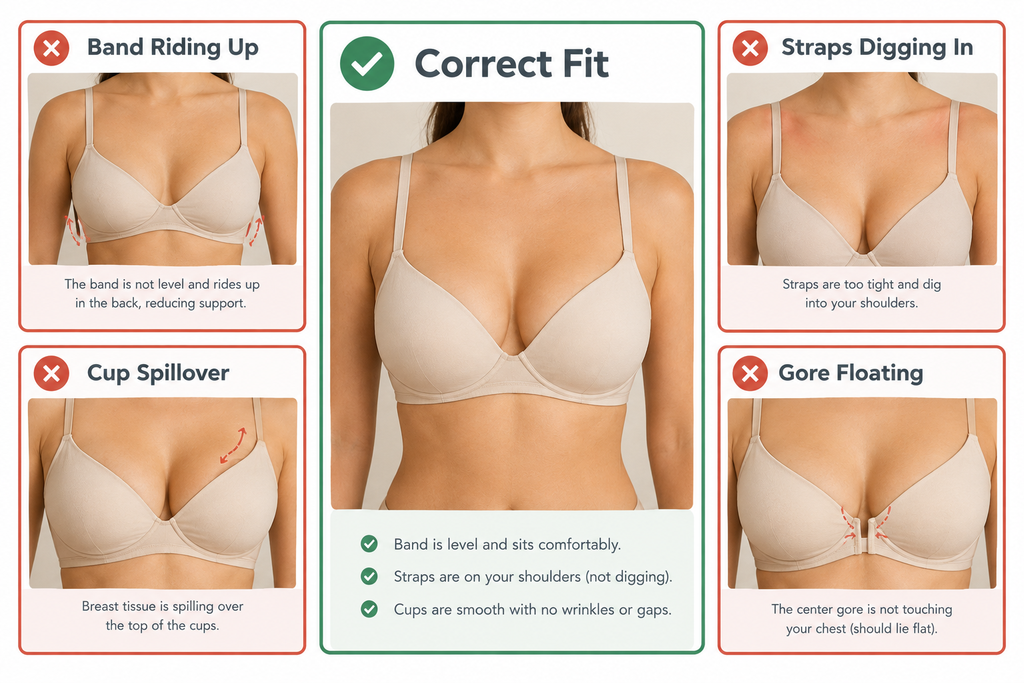 Side-by-side comparison of correct bra fit versus common fit problems