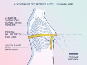 Instructional diagram demonstrating how to measure the bust in three positions