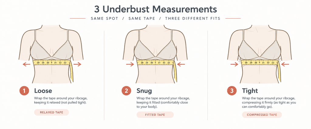 Diagram showing three underbust measurement positions: loose, snug, and tight