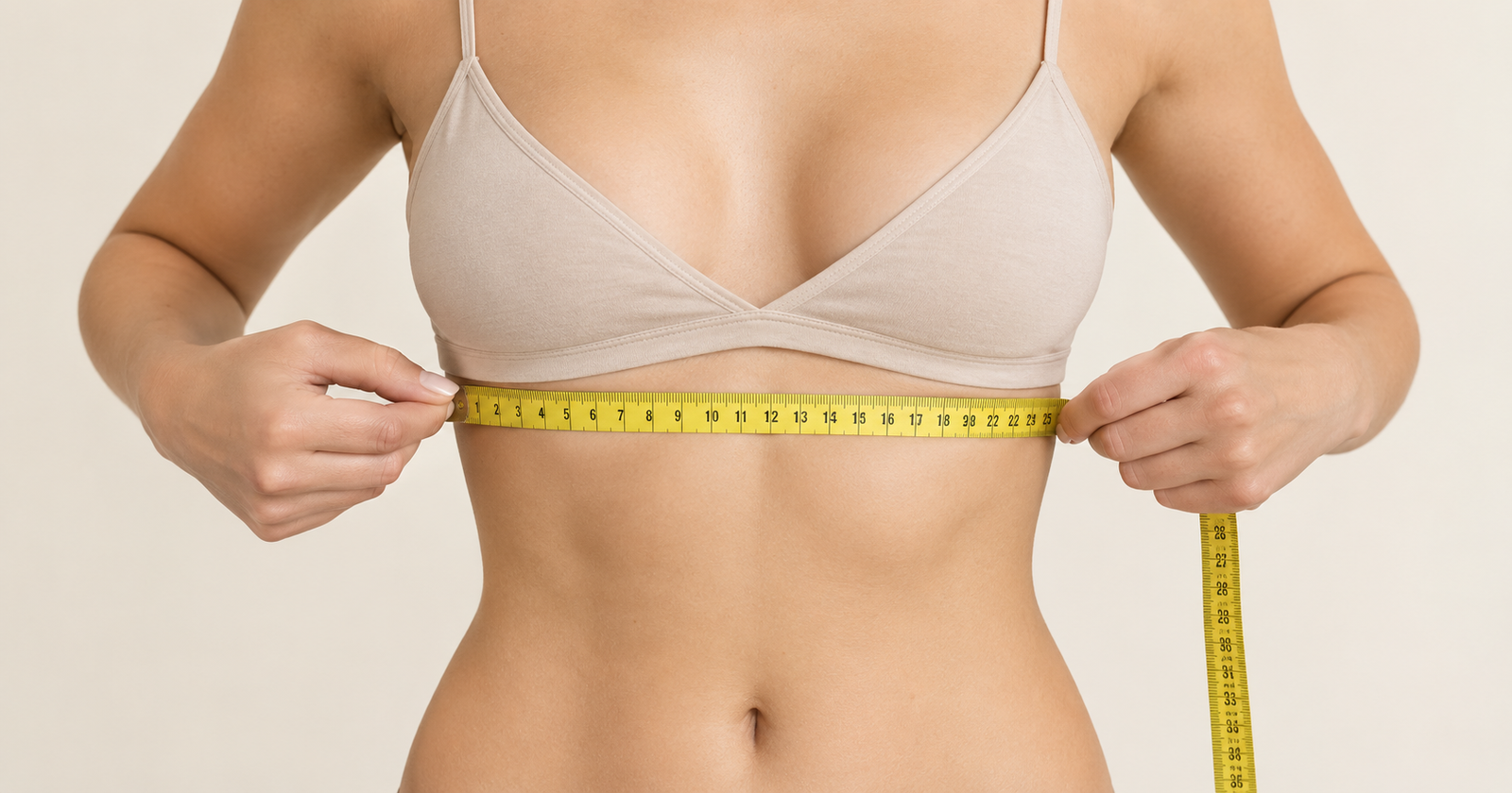 Woman measuring underbust with soft measuring tape for accurate bra size measurement