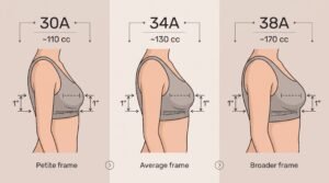 Comparison showing A cup volume differences across 30A, 34A, and 38A bra sizes.
