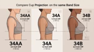 Comparison of bust projection and difference between 34AA, 34A, and 34B cup sizes