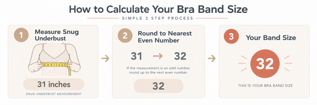 Step-by-step calculation showing how to determine band size from underbust measurements