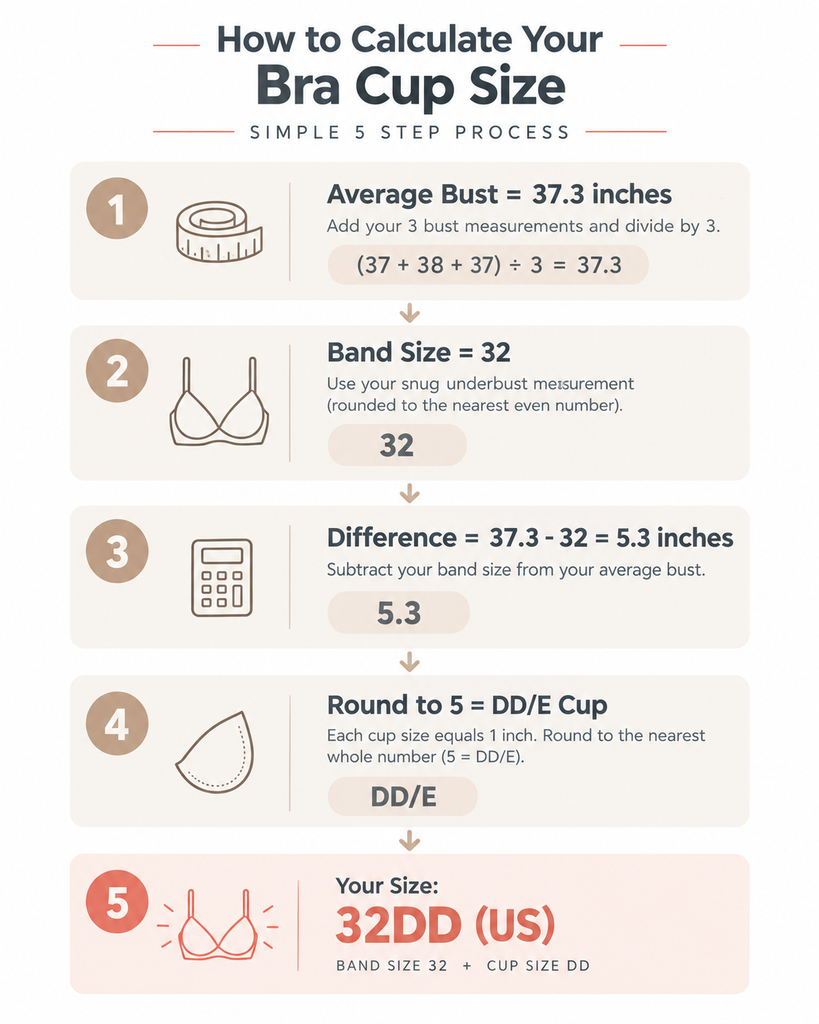 Chart showing how to calculate cup size from the difference between bust and band measurements